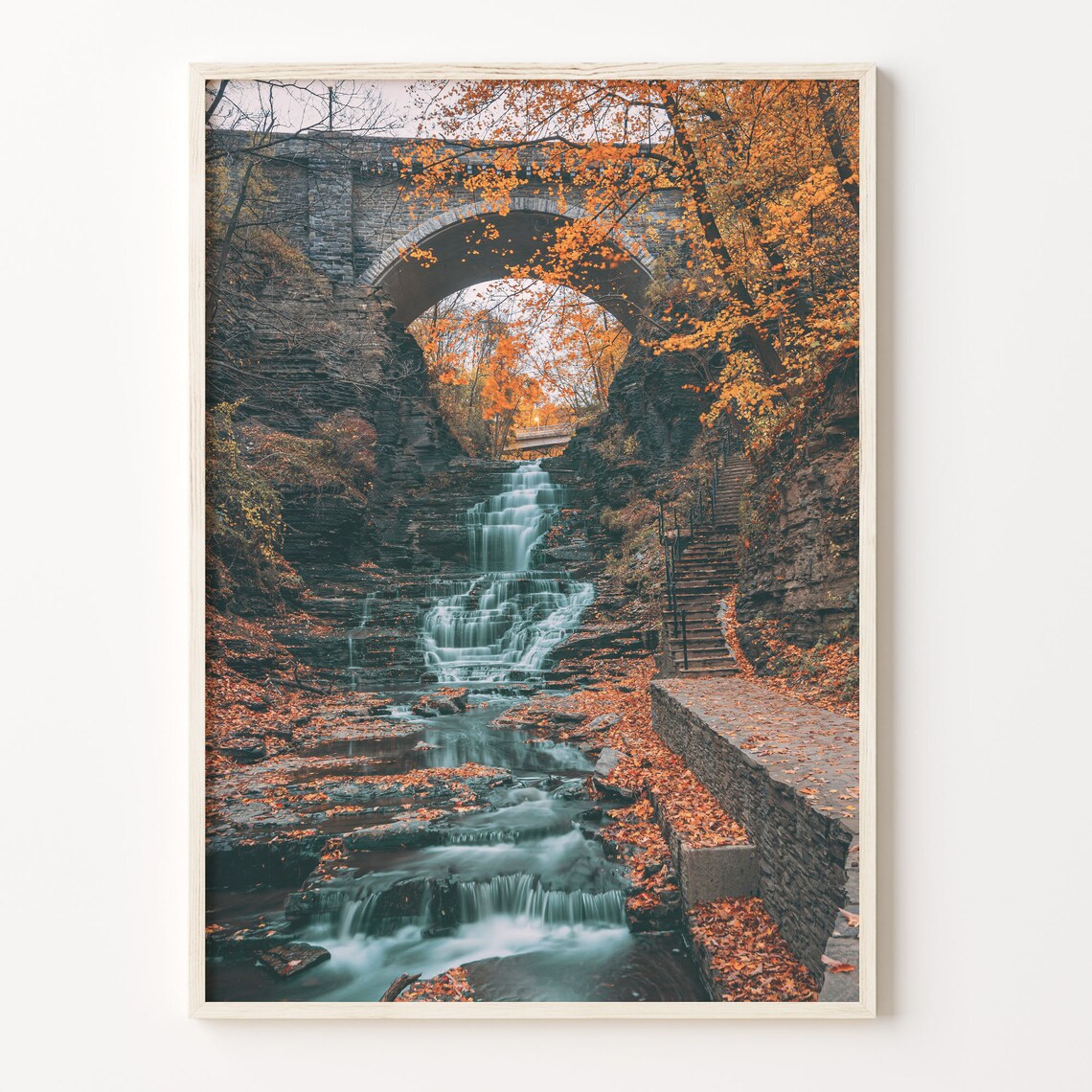 Autumn Waterfall Under Stone Arch Bridge Fall Foliage Gorge Photo Poster