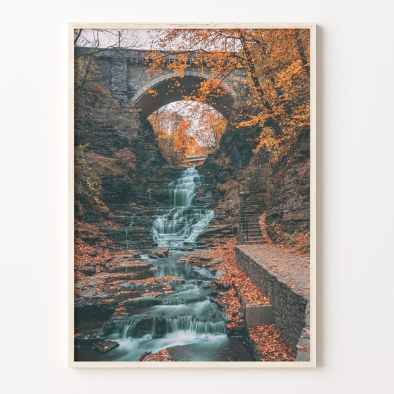 Autumn Waterfall Under Stone Arch Bridge Fall Foliage Gorge Photo Poster