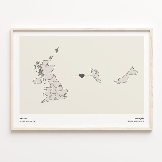 Britain to Malaysia Minimalist Long Distance Heart Connection Map Poster