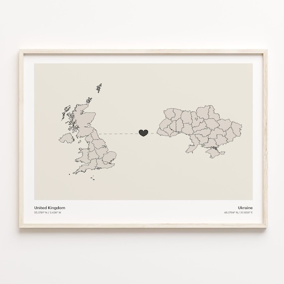 United Kingdom Ukraine Beige Minimalist Heart Connection Map Poster