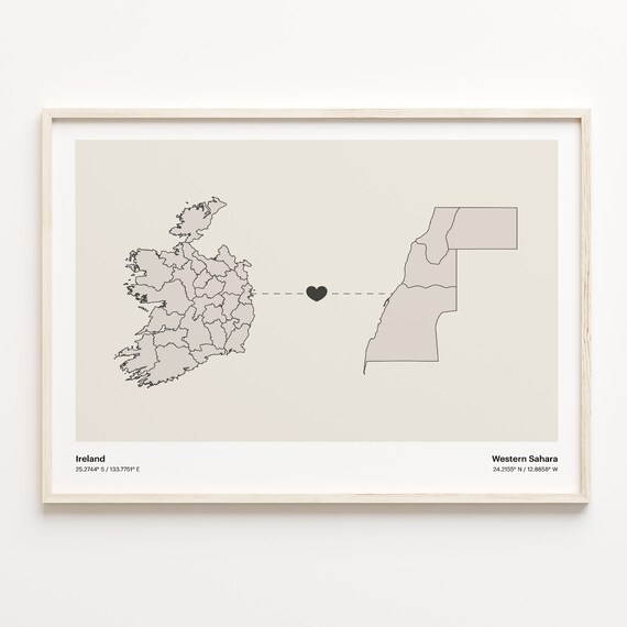 Ireland and Western Sahara Couple Long Distance Love Heart Map Poster