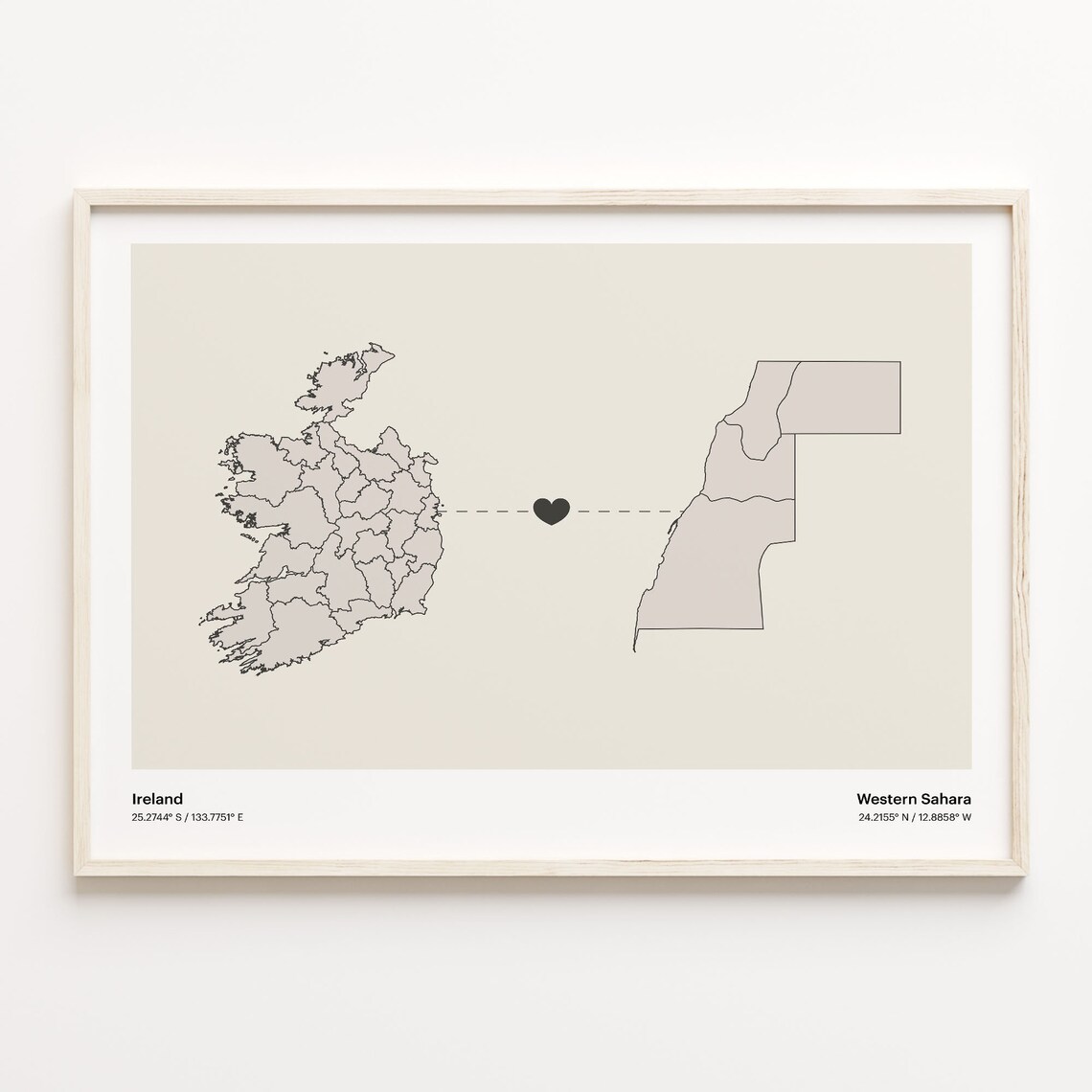 Ireland and Western Sahara Couple Long Distance Love Heart Map Poster