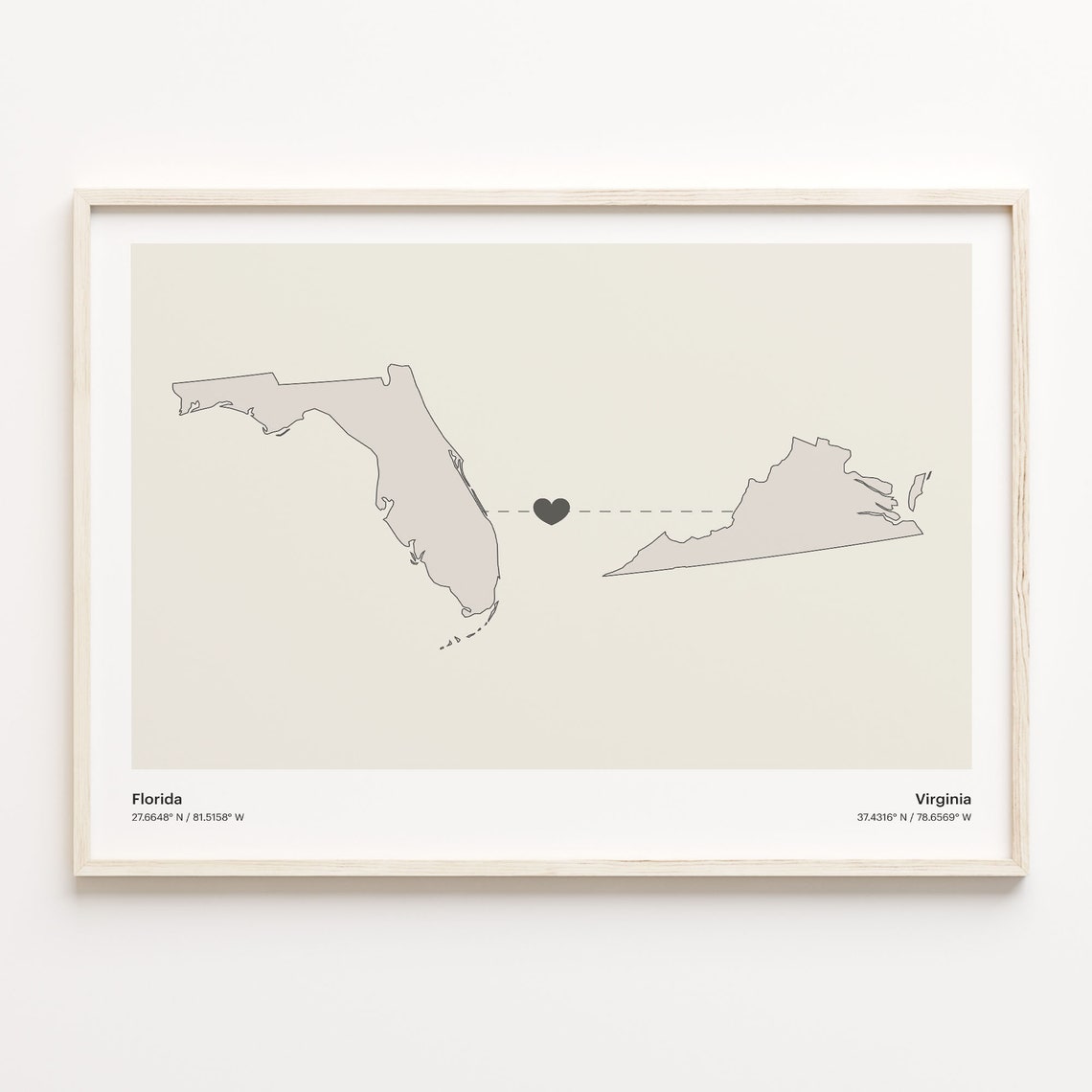 Florida To Virginia Heart Connection Minimalist Beige Map Poster