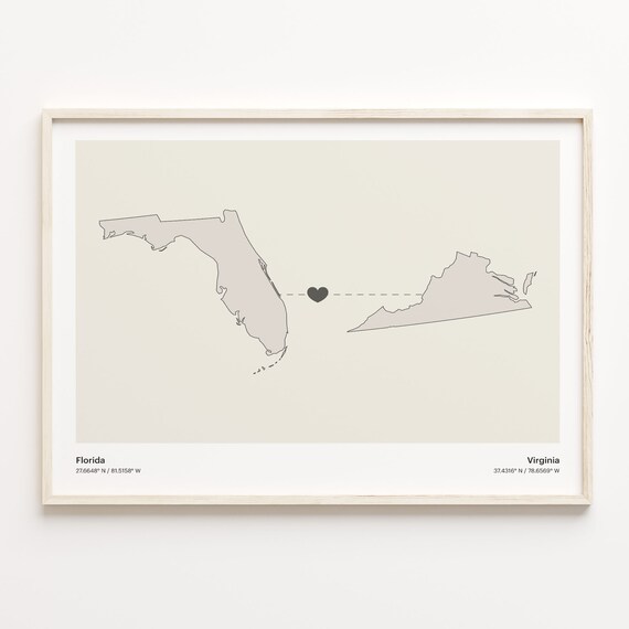 Florida To Virginia Heart Connection Minimalist Beige Map Poster