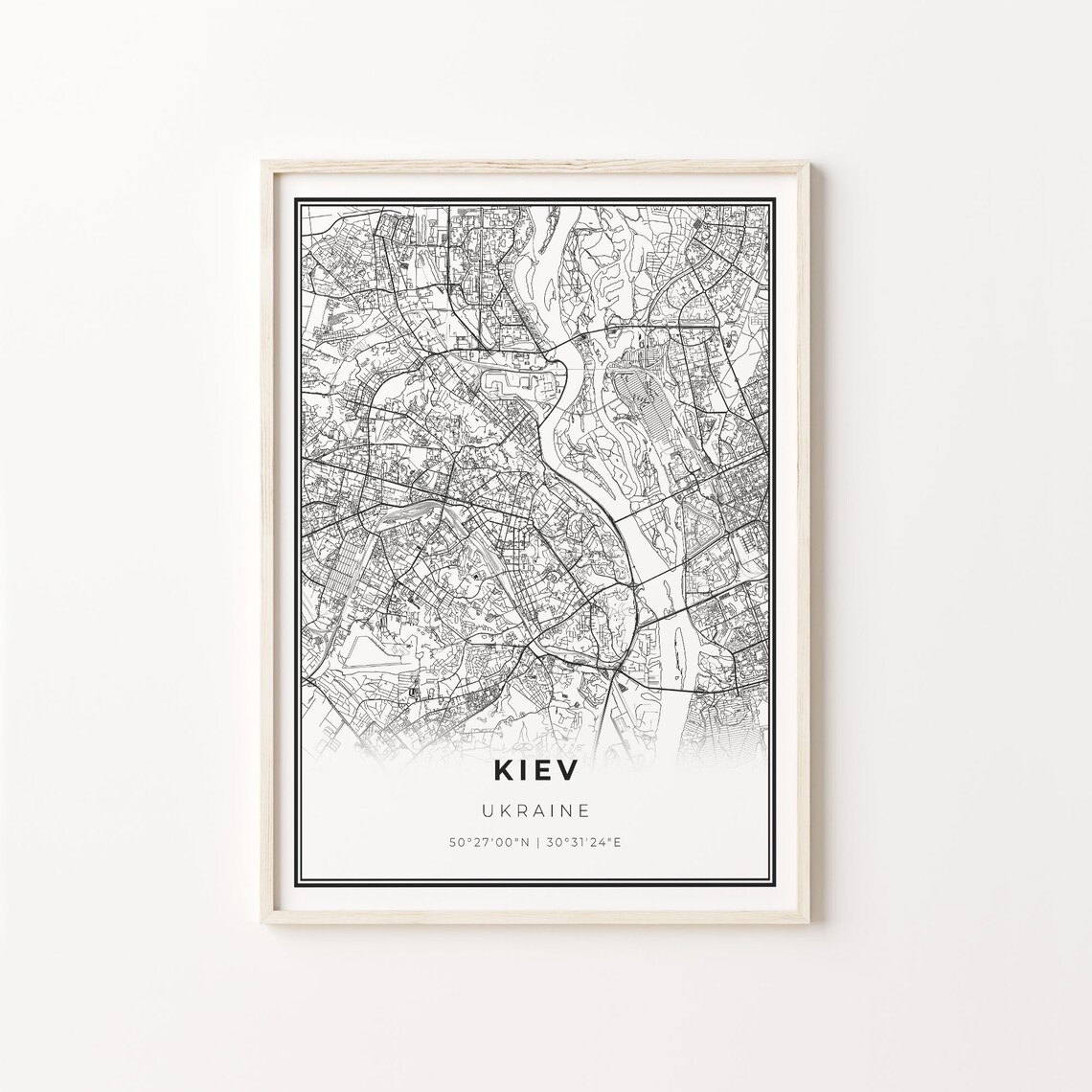 Kiev City Map Art Print, Modern Black and White
