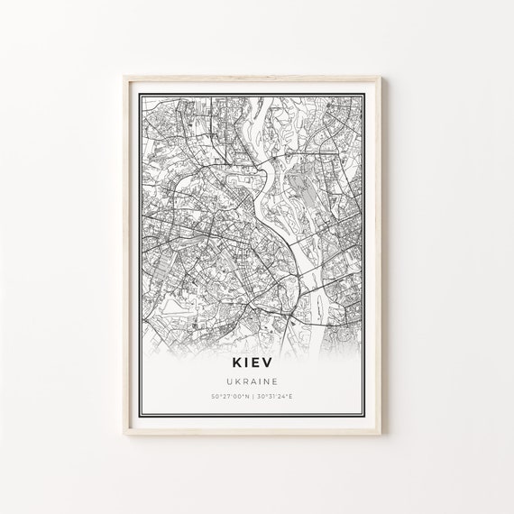Kiev City Map Art Print, Modern Black and White