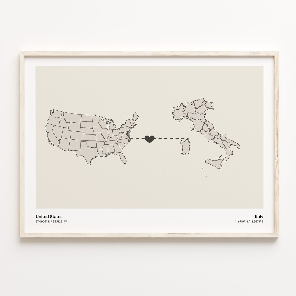 United States To Italy Long Distance Heart Connection Map Poster