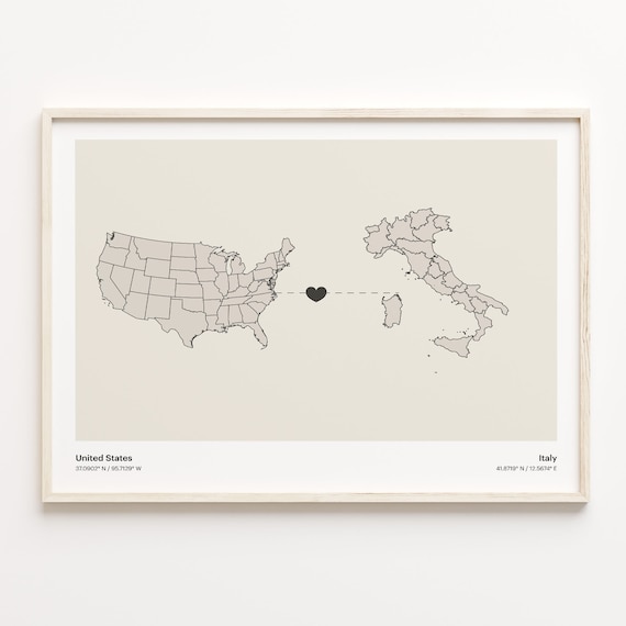 United States To Italy Long Distance Heart Connection Map Poster