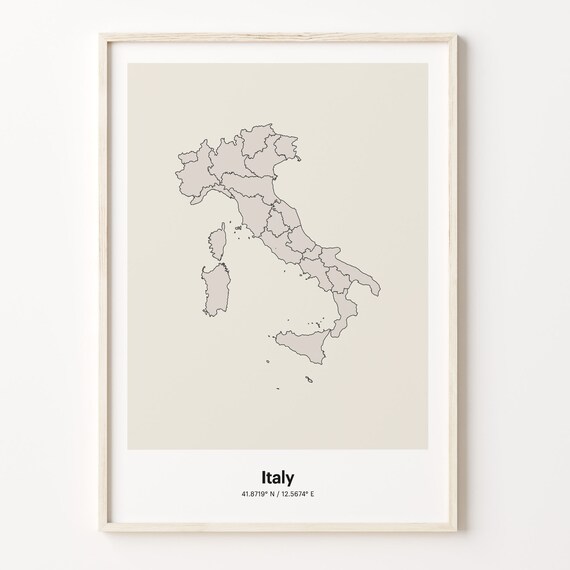 Italy Minimalist Map Poster With Printed Coordinates Neutral Home Decor