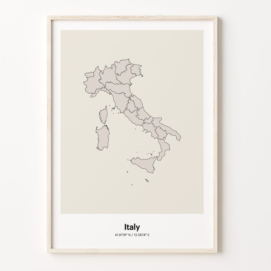 Italy Minimalist Map Poster With Printed Coordinates Neutral Home Decor