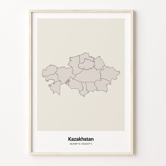 Kazakhstan Minimalist Country Outline Map Beige Coordinate Line Art Poster
