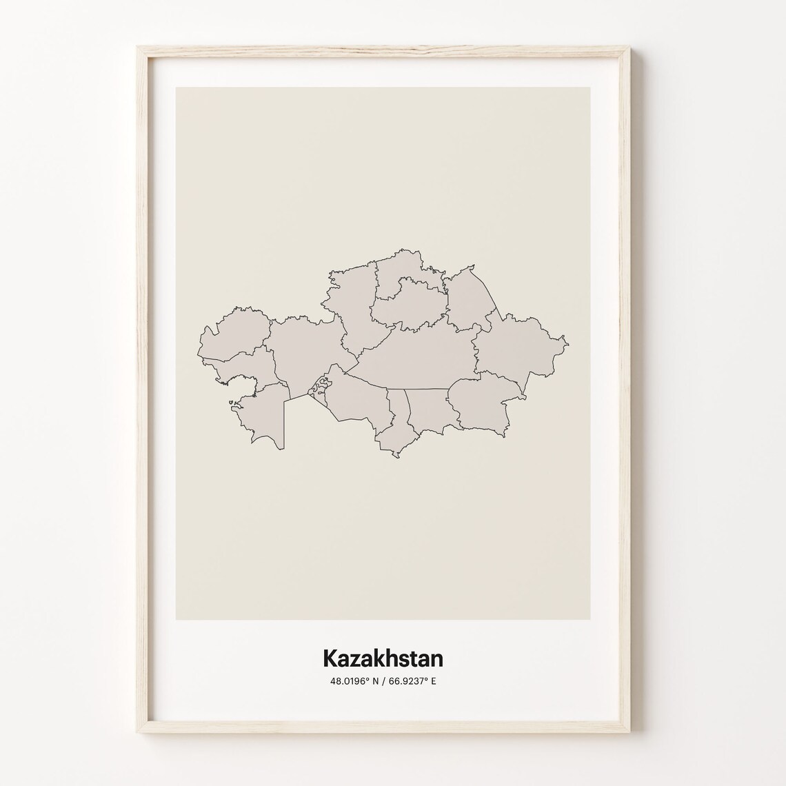 Kazakhstan Minimalist Country Outline Map Beige Coordinate Line Art Poster