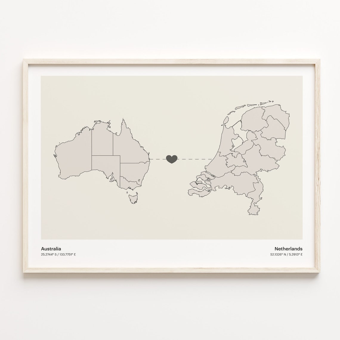 Australia and Netherlands Long Distance Country Connection Map Poster