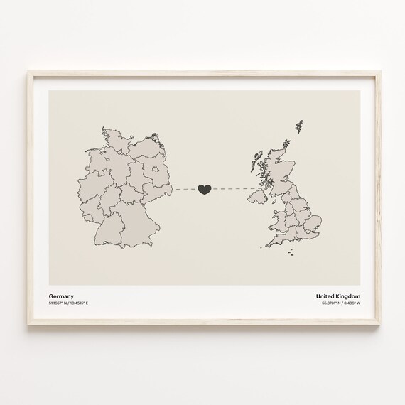Germany to United Kingdom Heart Country Connection Minimalist Map Poster