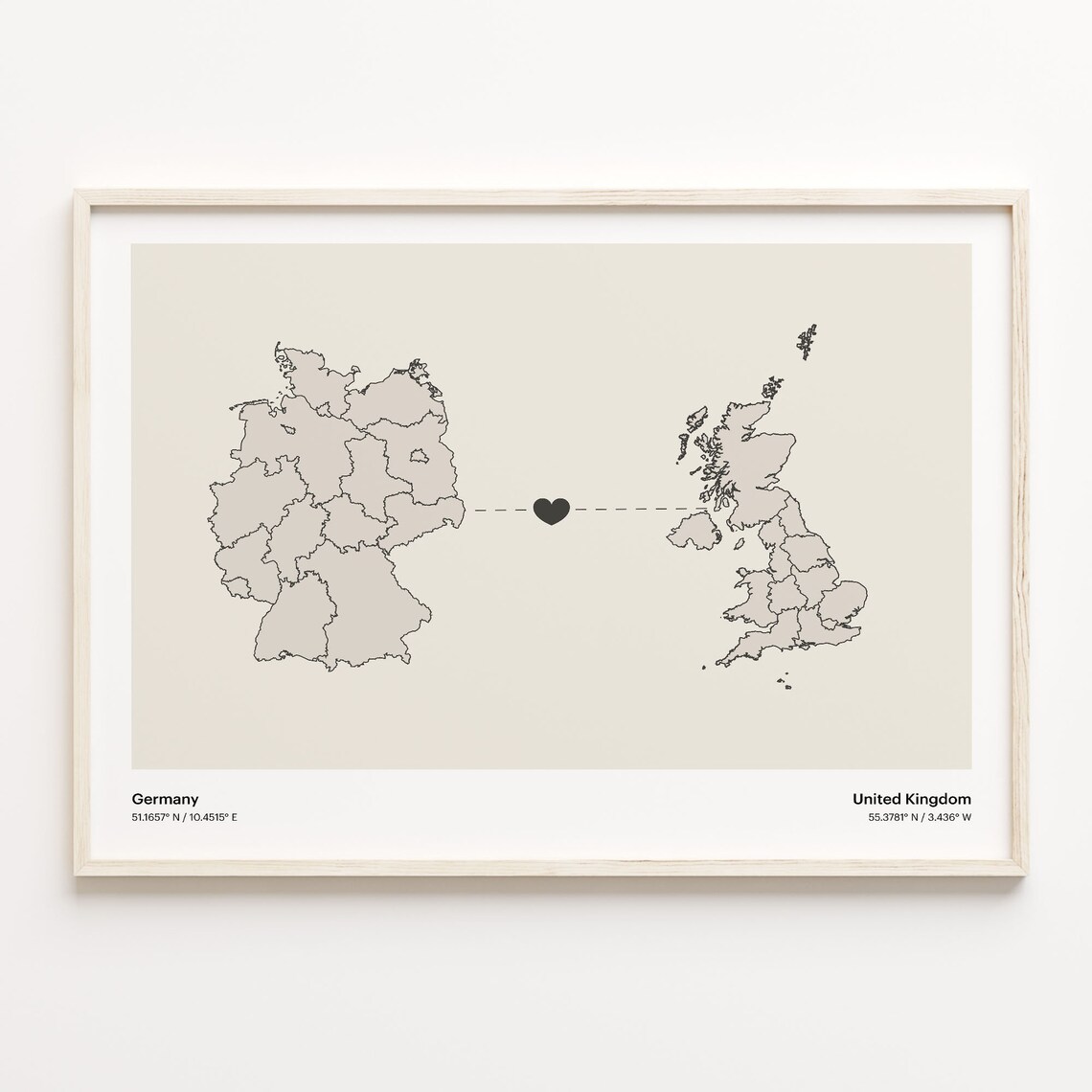 Germany to United Kingdom Heart Country Connection Minimalist Map Poster