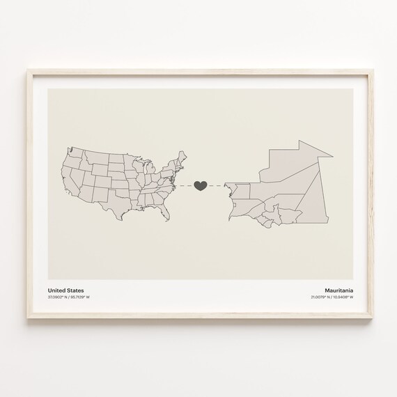 United States To Mauritania Long Distance Heart Connection Map Poster