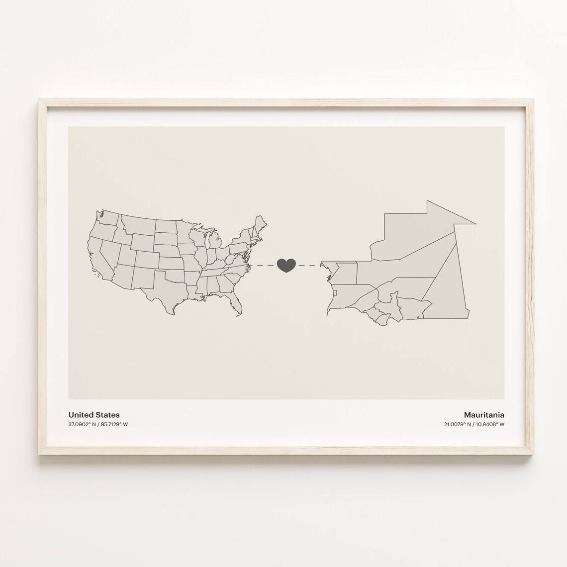 United States To Mauritania Long Distance Heart Connection Map Poster