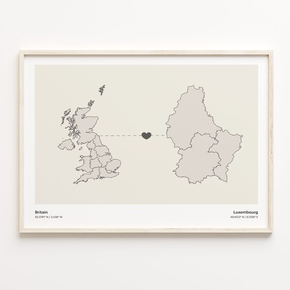 Britain To Luxembourg Minimalistic Heart Love Connection Map Poster