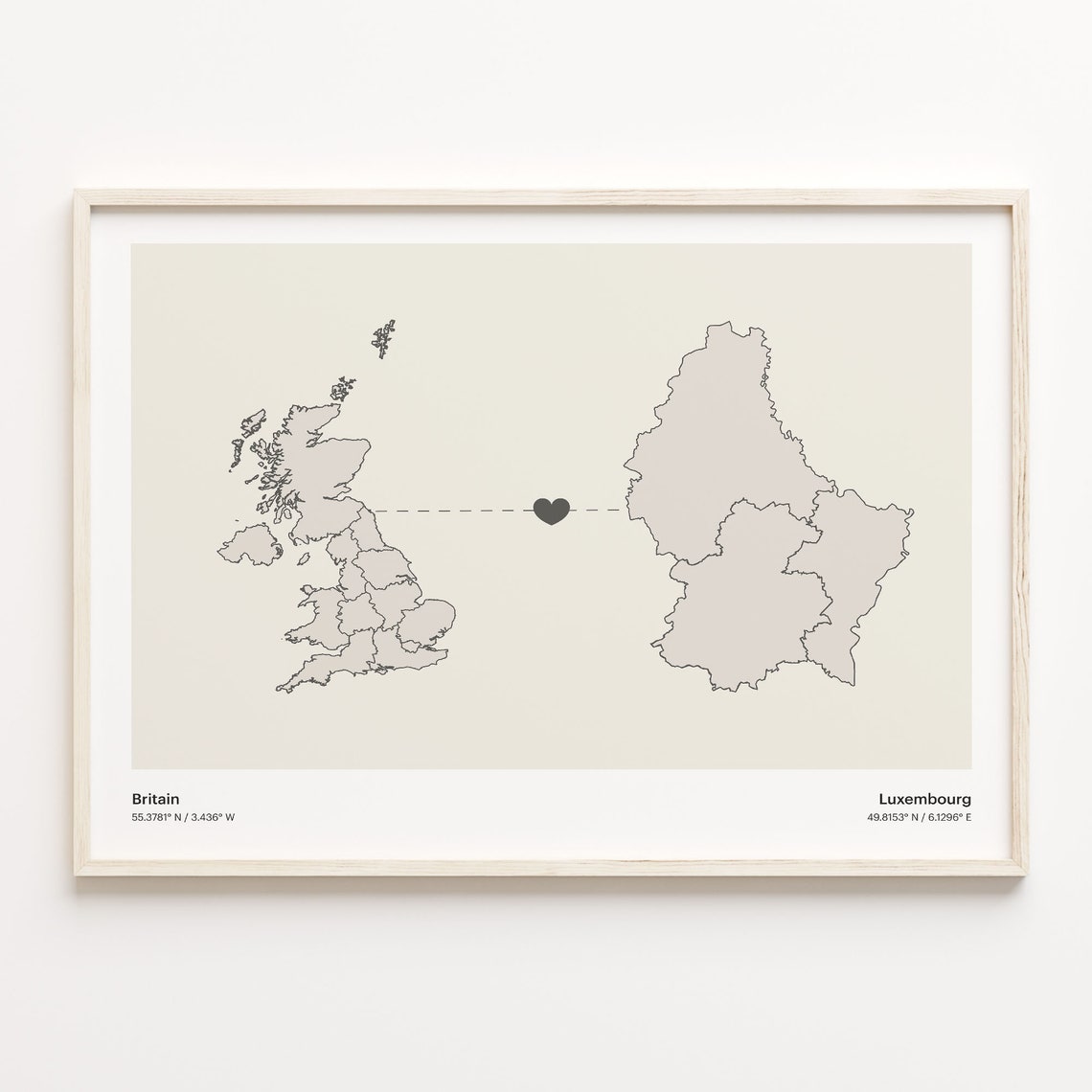 Britain To Luxembourg Minimalistic Heart Love Connection Map Poster