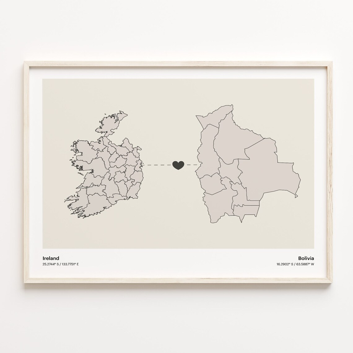 Ireland To Bolivia Minimalist Long Distance Love Connection Poster