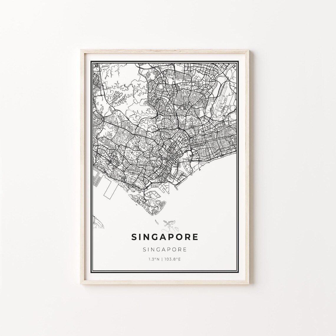 Singapore City Map Art Poster, Modern Black and White