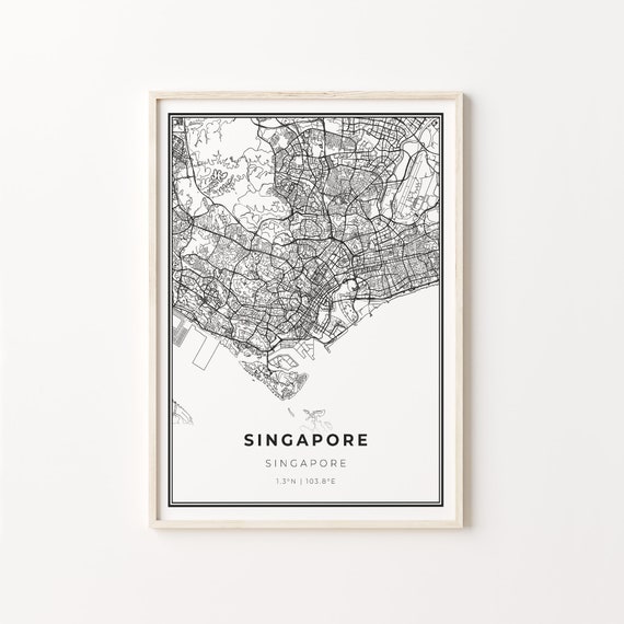 Singapore City Map Art Poster, Modern Black and White