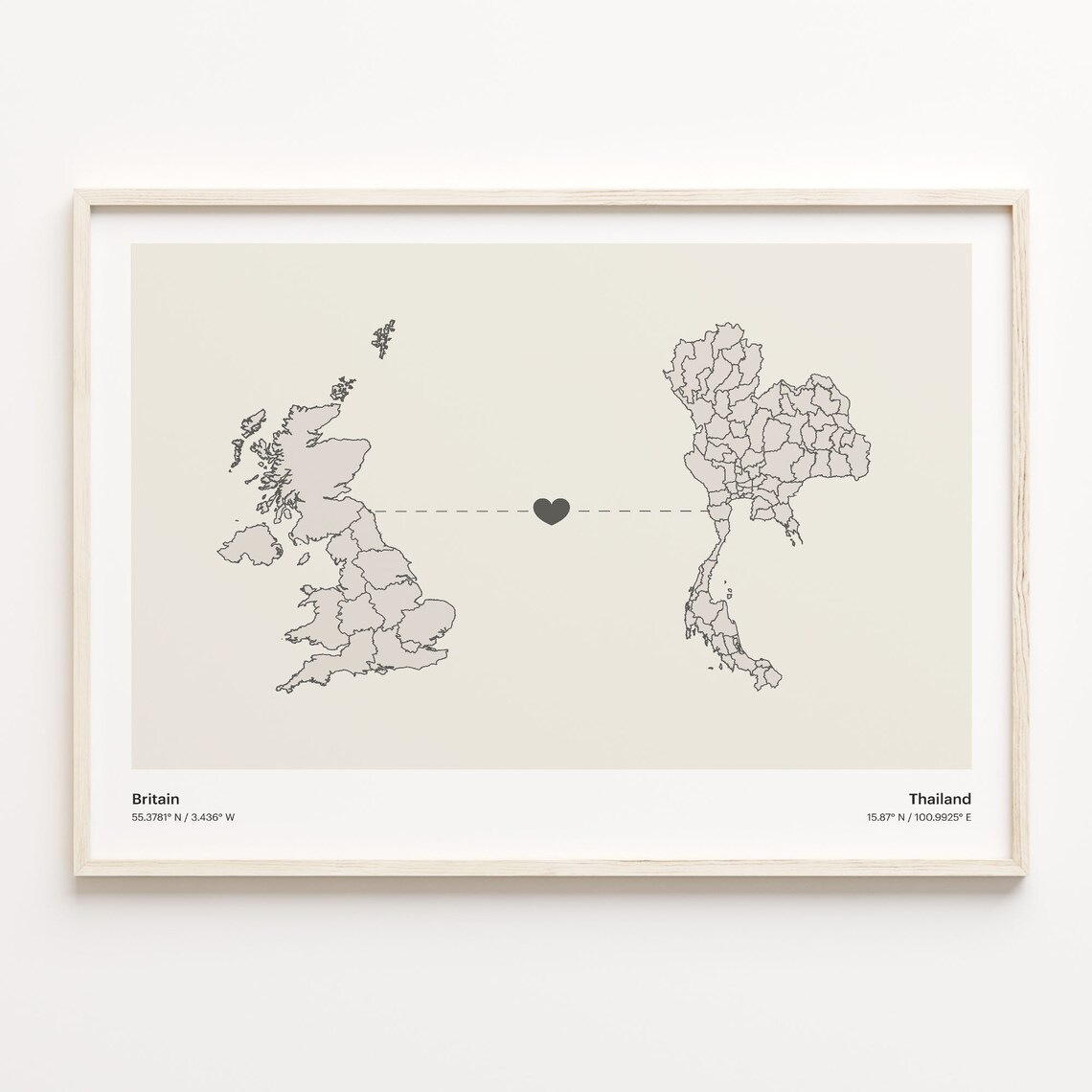 Britain Thailand Long Distance Love Heart Minimalist Map Poster