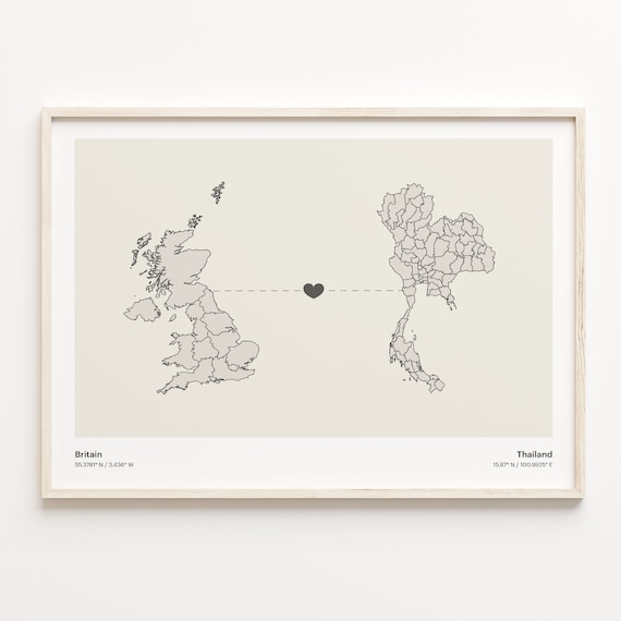 Britain Thailand Long Distance Love Heart Minimalist Map Poster