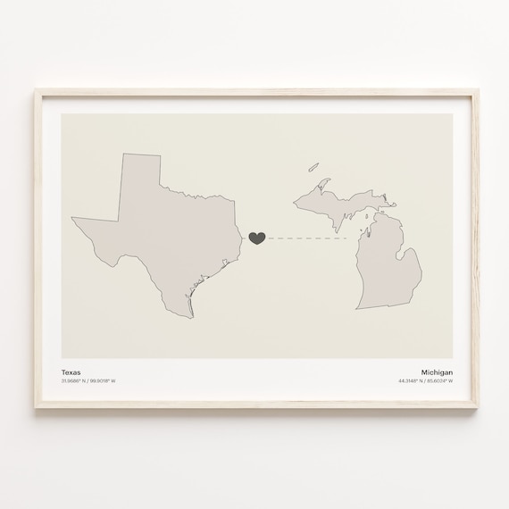 Texas and Michigan Couple Long Distance Love Heart Map Poster