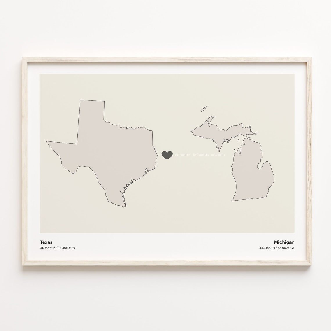 Texas and Michigan Couple Long Distance Love Heart Map Poster