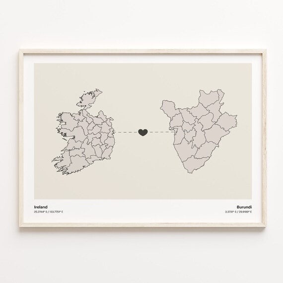 Ireland to Burundi Long Distance Heart Map Minimalist Connection Poster