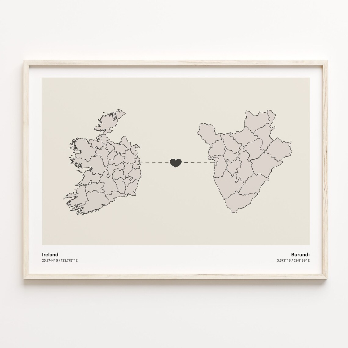 Ireland to Burundi Long Distance Heart Map Minimalist Connection Poster