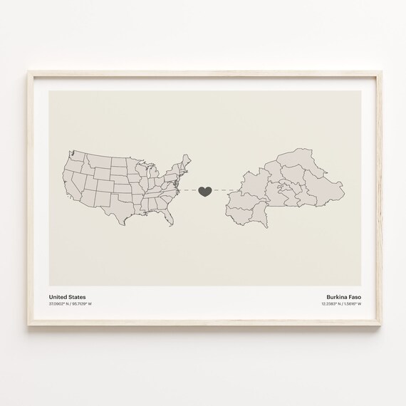 United States To Burkina Faso Long Distance Heart Connection Map Poster