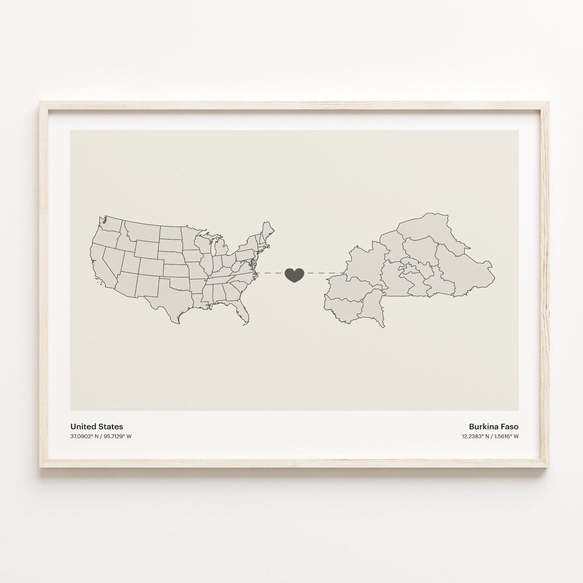 United States To Burkina Faso Long Distance Heart Connection Map Poster