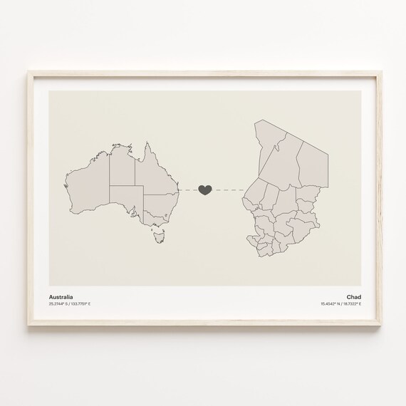 Australia Chad Long Distance Heart Map Minimalist Love Gift Print