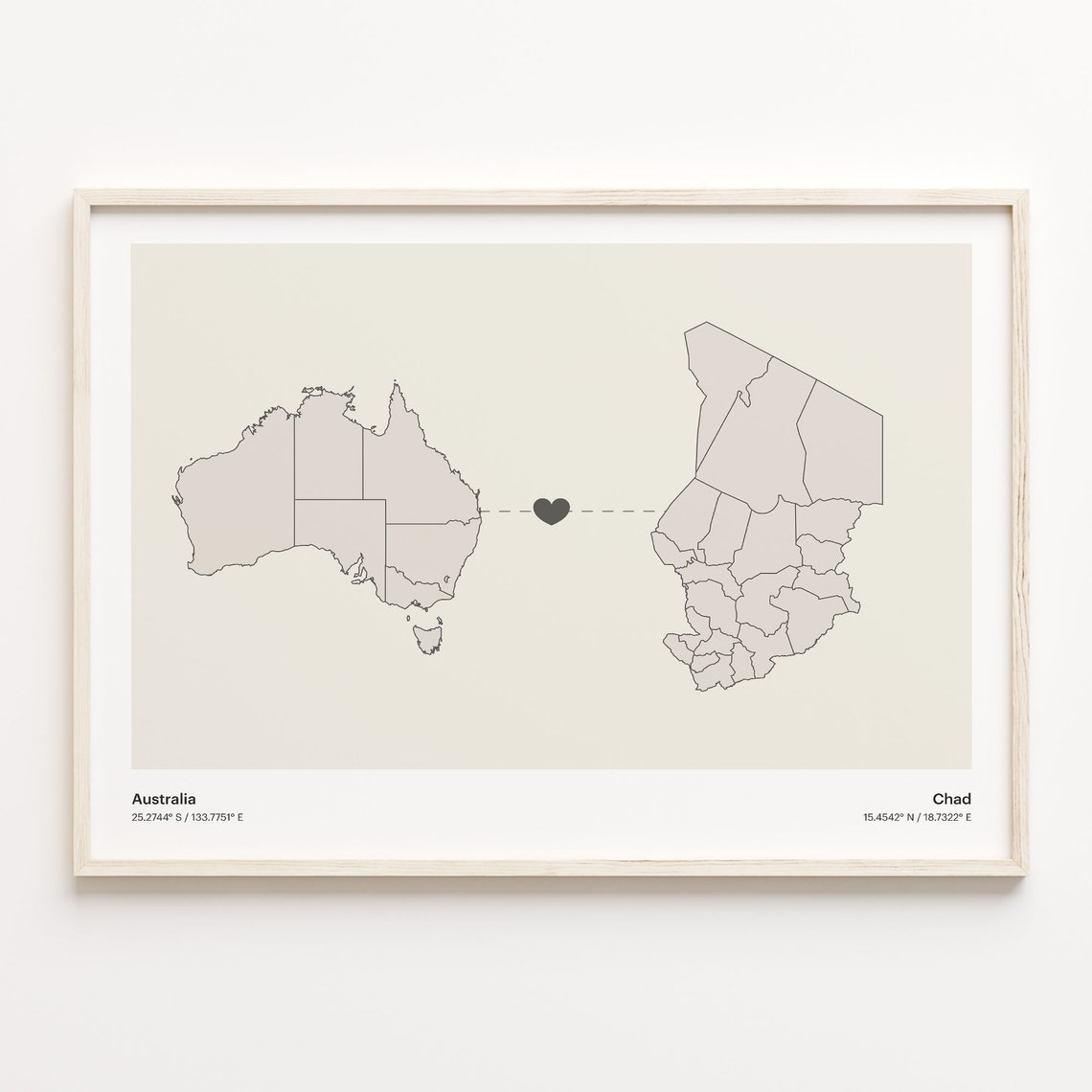 Australia Chad Long Distance Heart Map Minimalist Love Gift Print