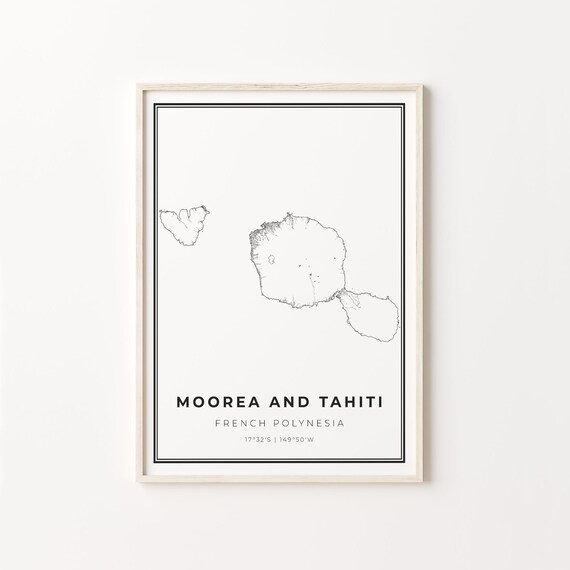 Moorea and Tahiti French Polynesia Minimalist Black Line Island Map Wall Art