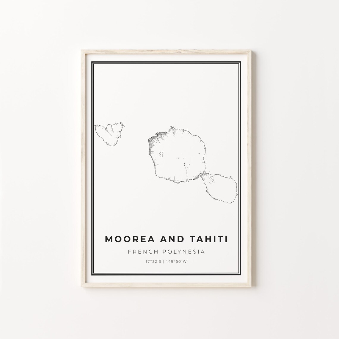 Moorea and Tahiti French Polynesia Minimalist Black Line Island Map Wall Art