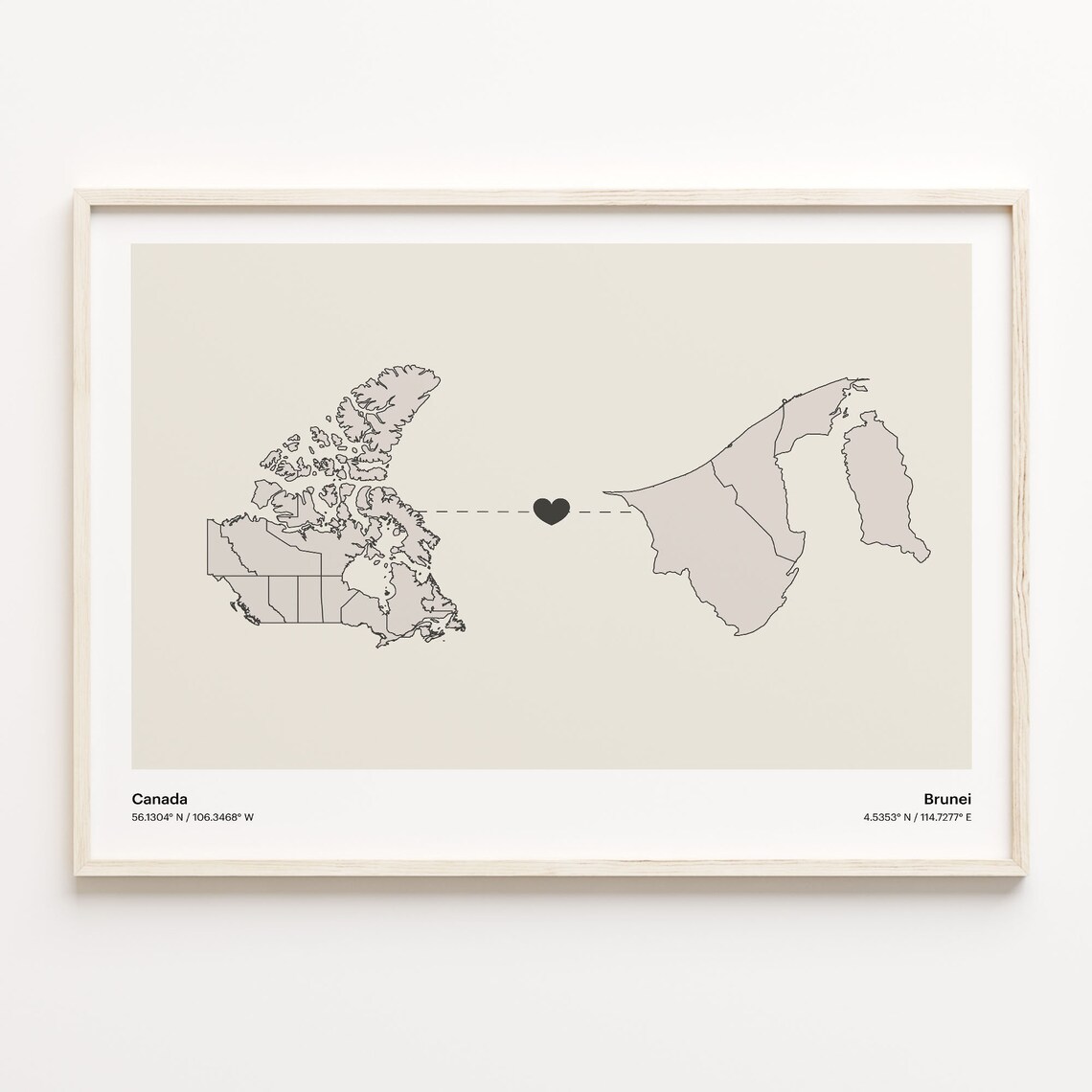 Canada To Brunei Long Distance Country Connection Map Art Poster