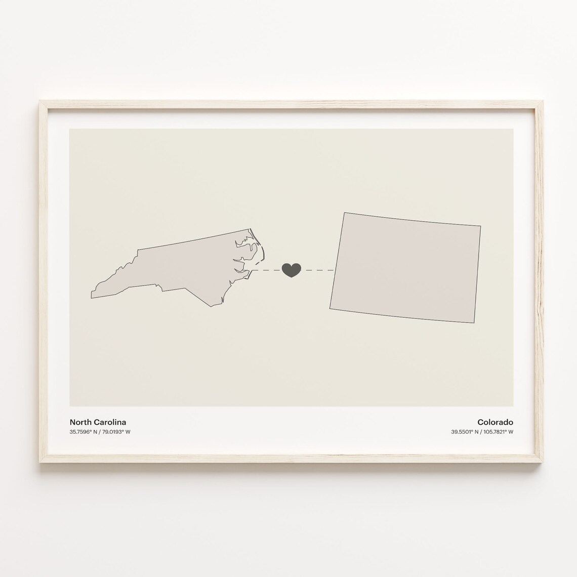 North Carolina to Colorado Minimalist Long Distance Connection Map Poster
