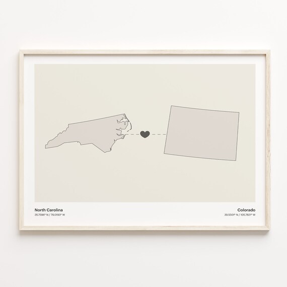North Carolina to Colorado Minimalist Long Distance Connection Map Poster