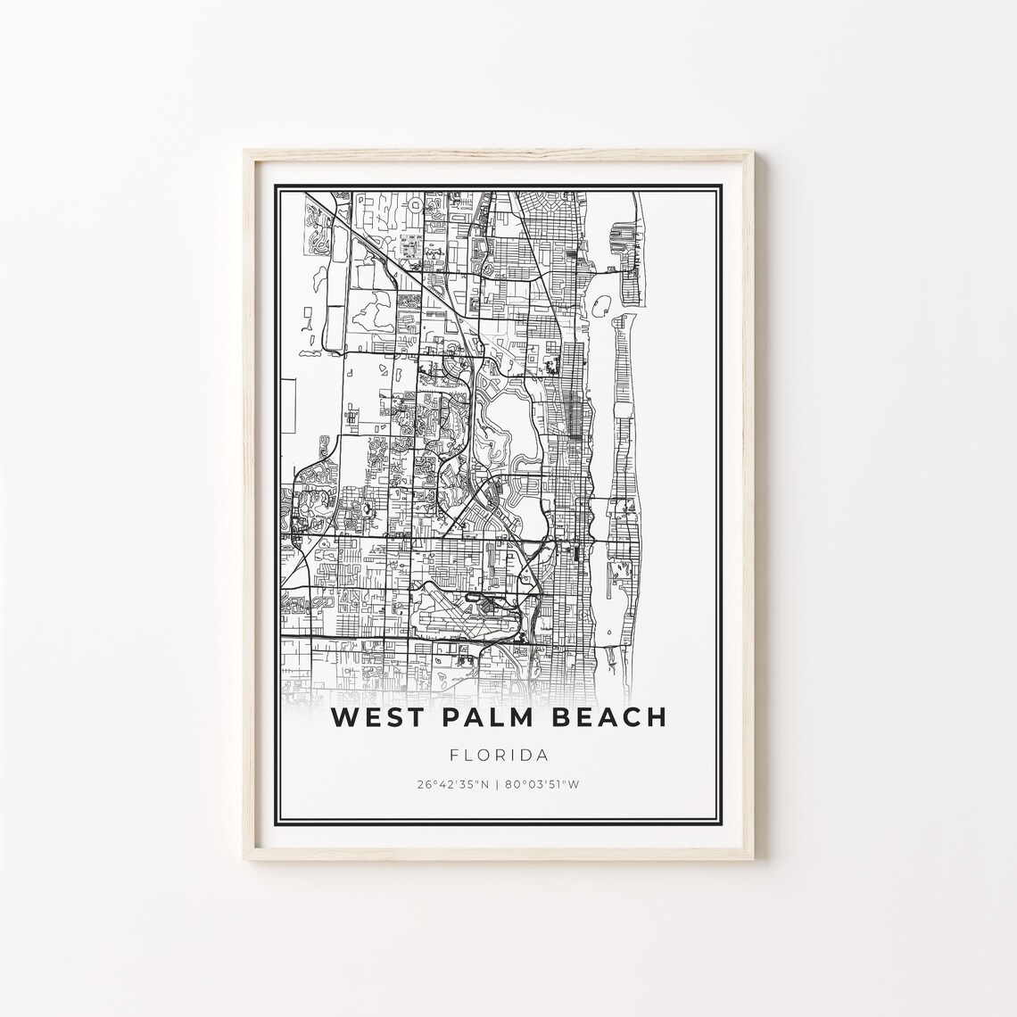 West Palm Beach Florida Minimalist City Street Map Travel Decor Poster
