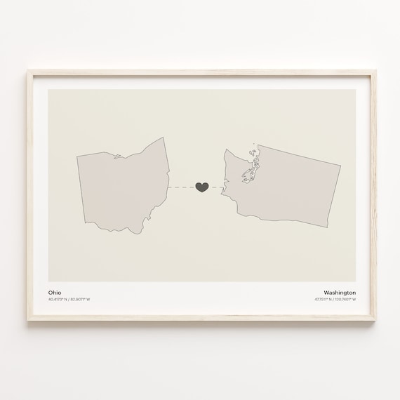 Ohio And Washington Long Distance Love Minimalist Heart Map Poster