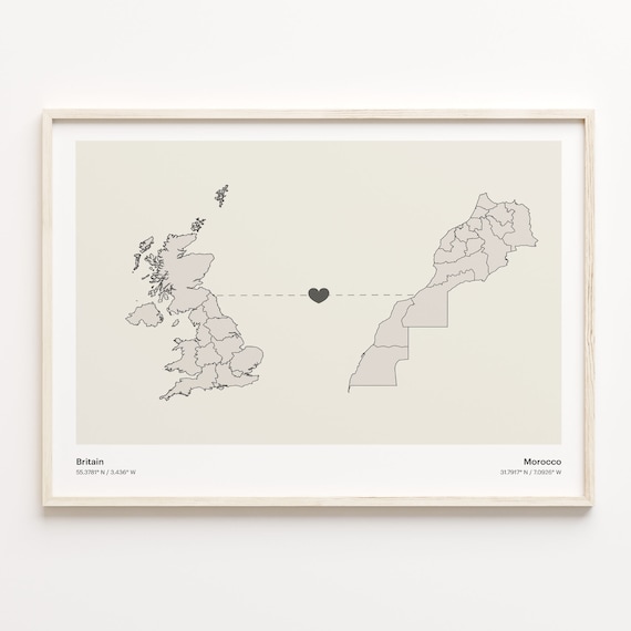 Britain To Morocco Minimalistic Heart Love Connection Map Poster