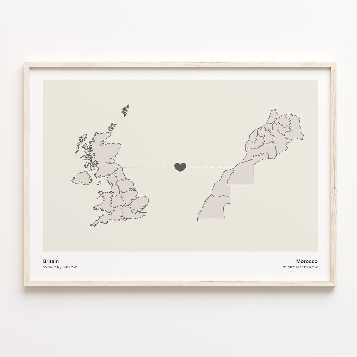 Britain To Morocco Minimalistic Heart Love Connection Map Poster