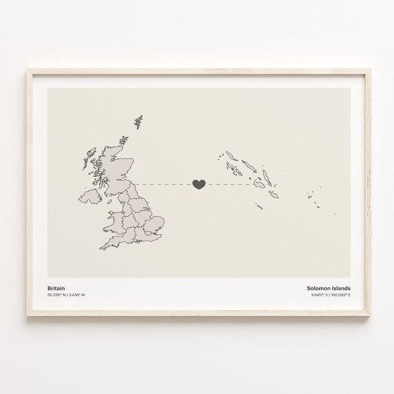 Britain To Solomon Islands Minimalist Country Heart Connection Map Poster