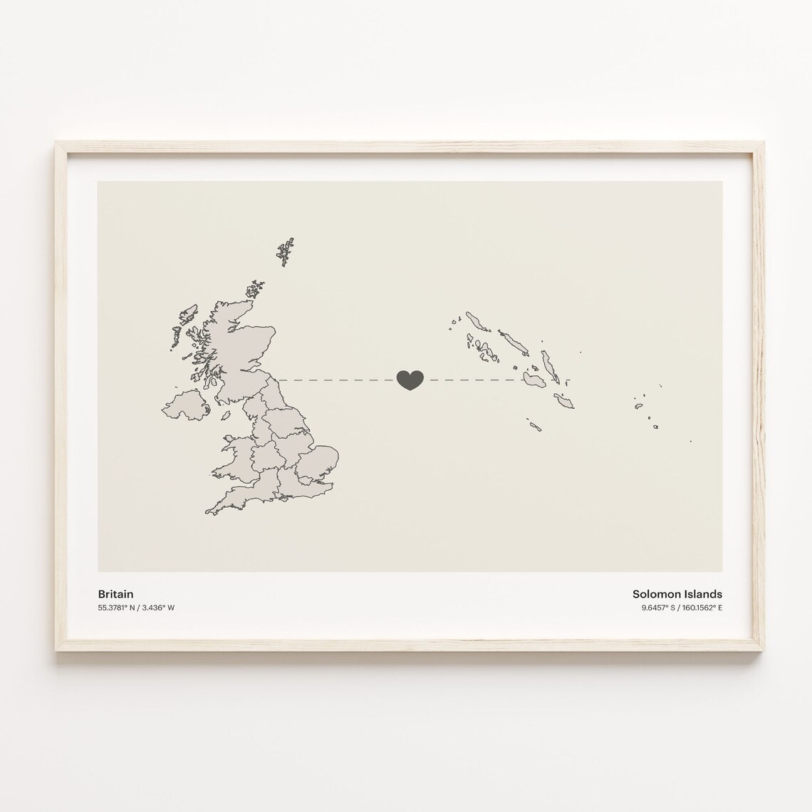 Britain To Solomon Islands Minimalist Country Heart Connection Map Poster
