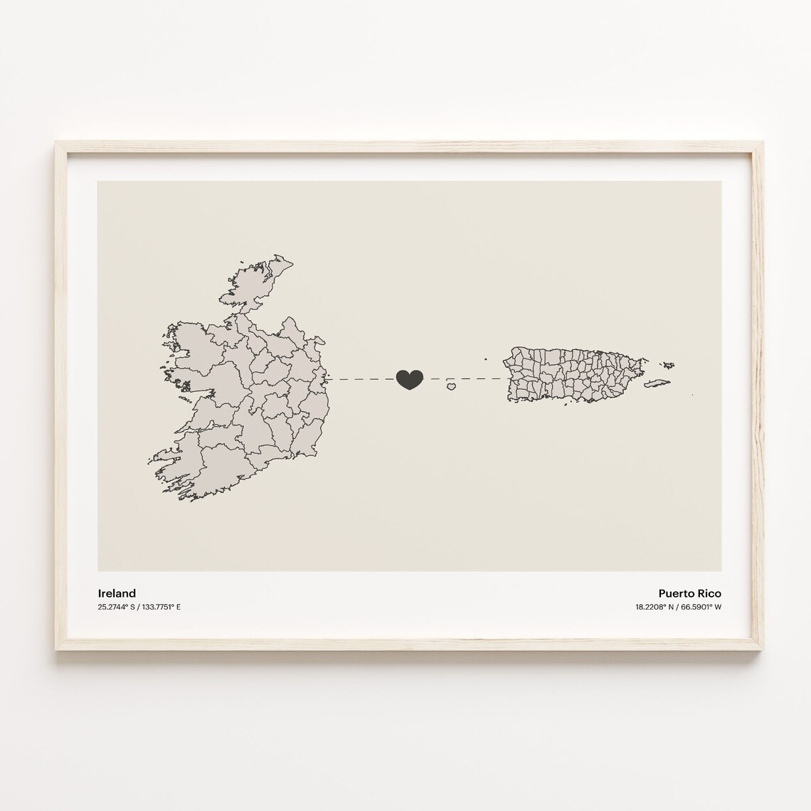 Ireland and Puerto Rico Long Distance Heart Map Decor Poster
