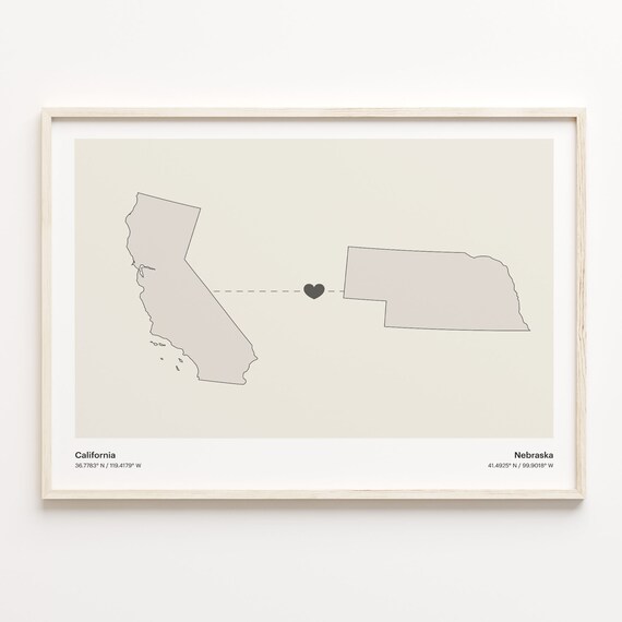 California to Nebraska Long Distance Heart Map Minimalist Connection Poster