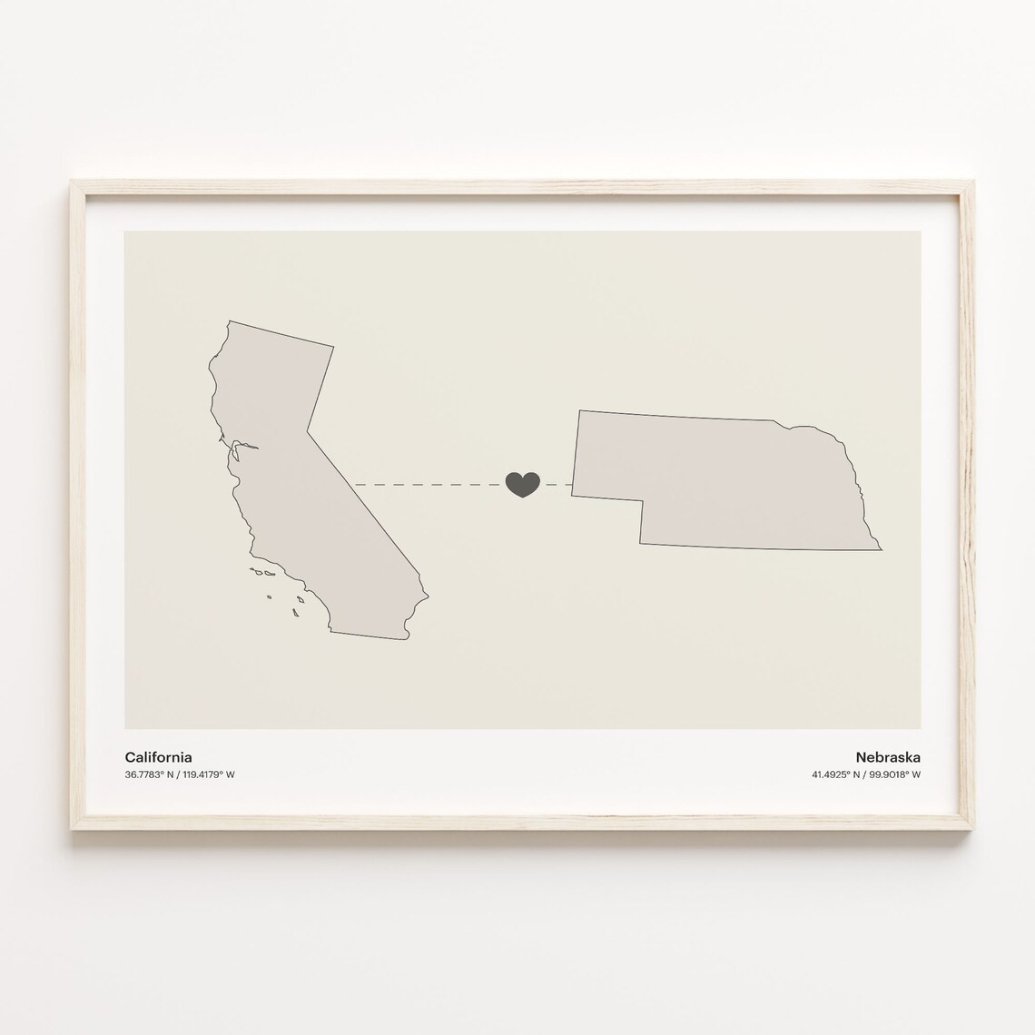 California to Nebraska Long Distance Heart Map Minimalist Connection Poster